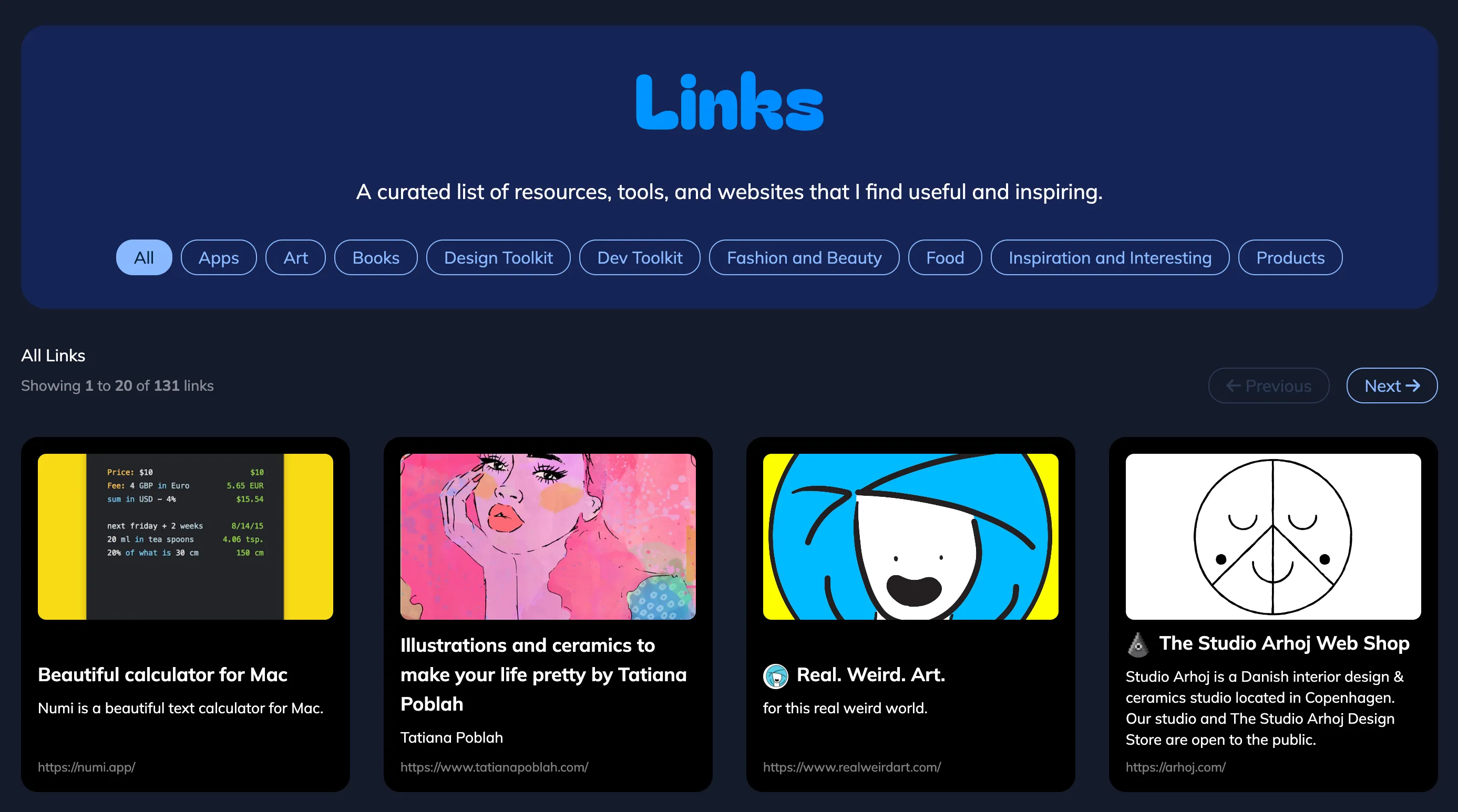 Screenshot of links section of thalida.com